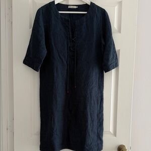 Elegant Linen Navy Midi Dress